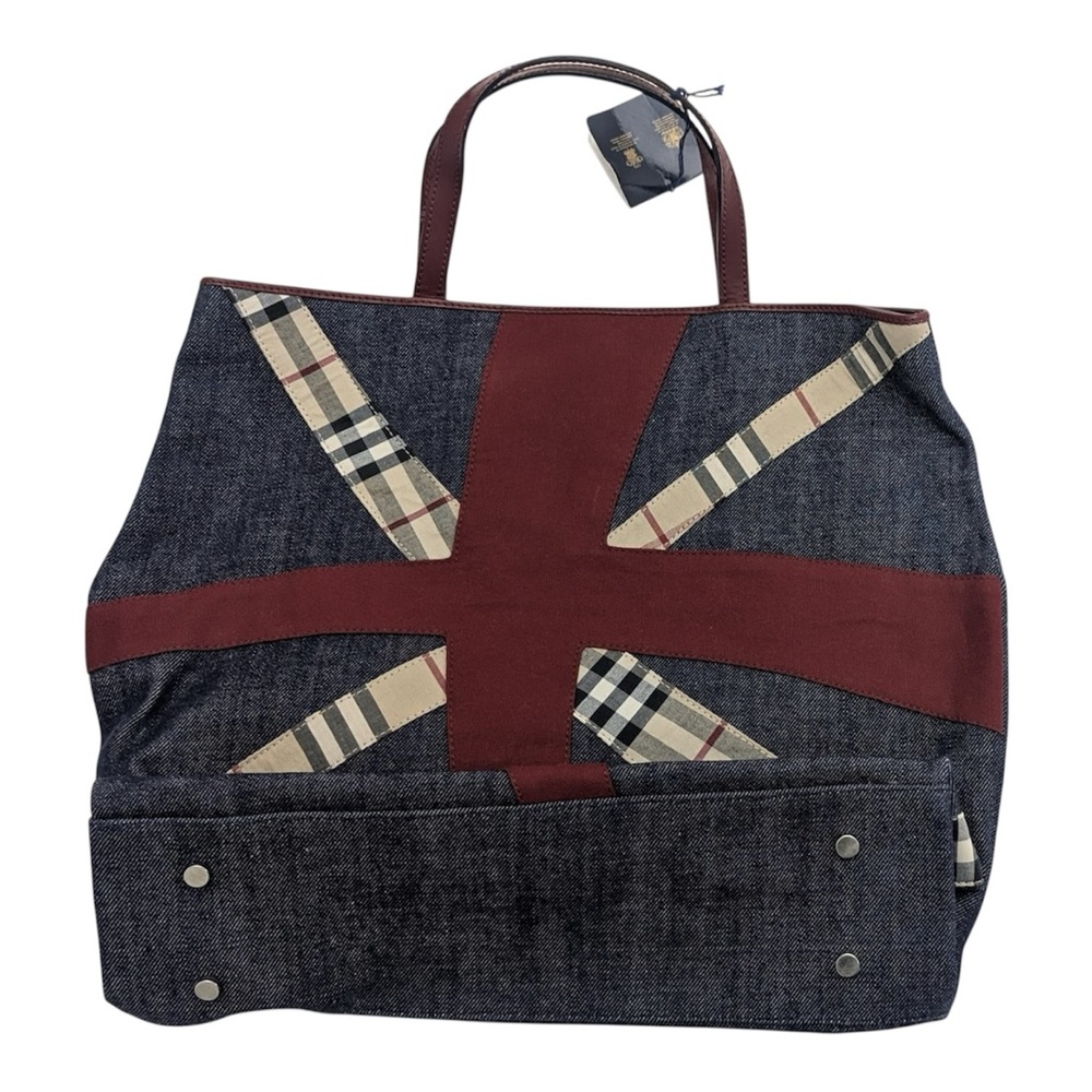 Burberry Denim Tote with Burgundy Cross & Vintage Check Trim